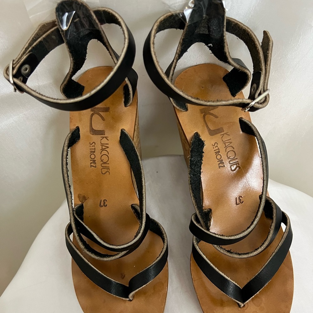 K.Jacques Wedge Platform Leather Sandals, Black